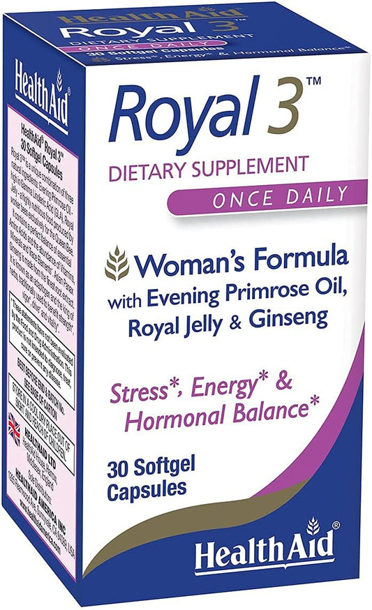 Royal 3 Capsules with Evening Primrose Oil, Royal Jelly & Ginseng - Once Daily Supplement (30 Count)
