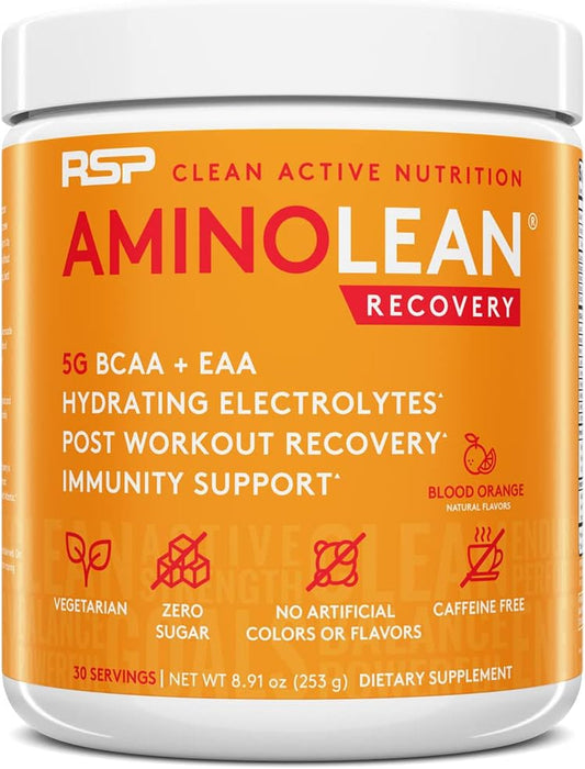 RSP AminoLean Recovery: Post-Workout BCAAs Supplement with Electrolytes, Hydration Boost, & Immunity Support - Blood Orange Vegan Aminos - Muscle Recovery Drink