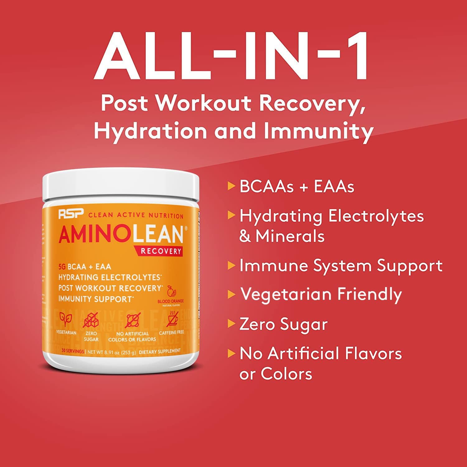 RSP AminoLean Recovery: Post-Workout BCAAs Supplement with Electrolytes, Hydration Boost, & Immunity Support - Blood Orange Vegan Aminos - Muscle Recovery Drink