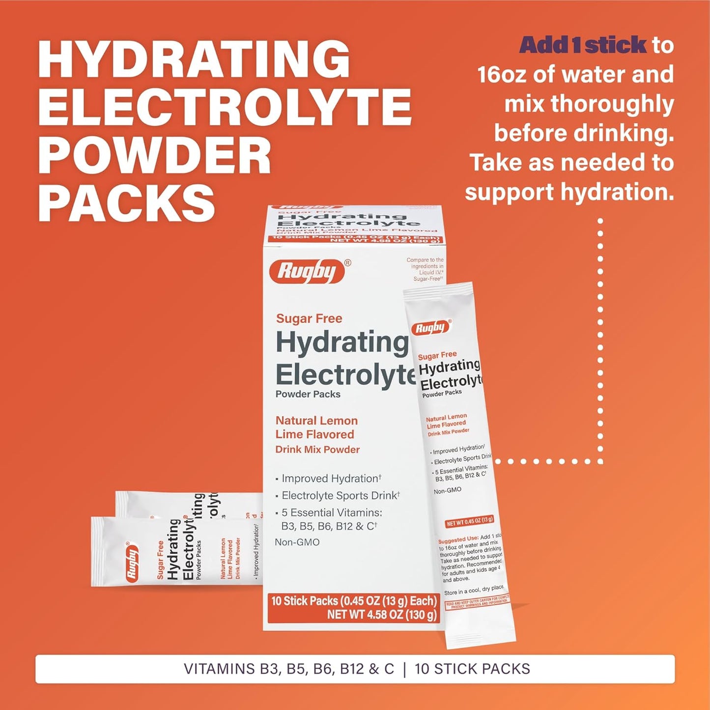 RUGBY LABORATORIES Electrolyte Drink Mix Powder Packets - Sugar-Free Hydration - Lemon-Lime Flavor - 5 Vitamins - 10 Stick Packs - 0.45 Oz Each - 3 Pack