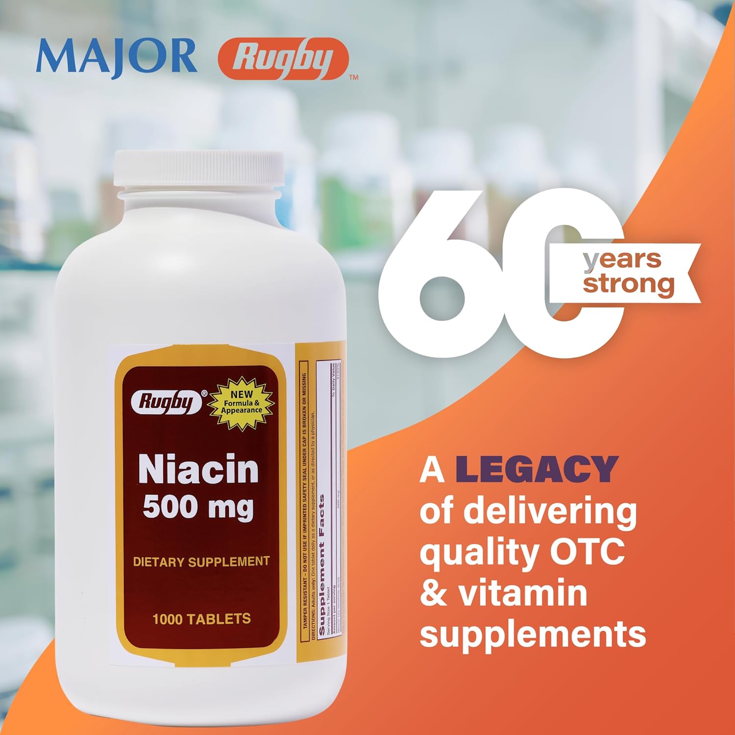 RUGBY LABORATORIES Rugby Niacin 500mg - High Strength Vitamin B3 Pills - 1,000 Tablets (2 Pack) for Men and Women