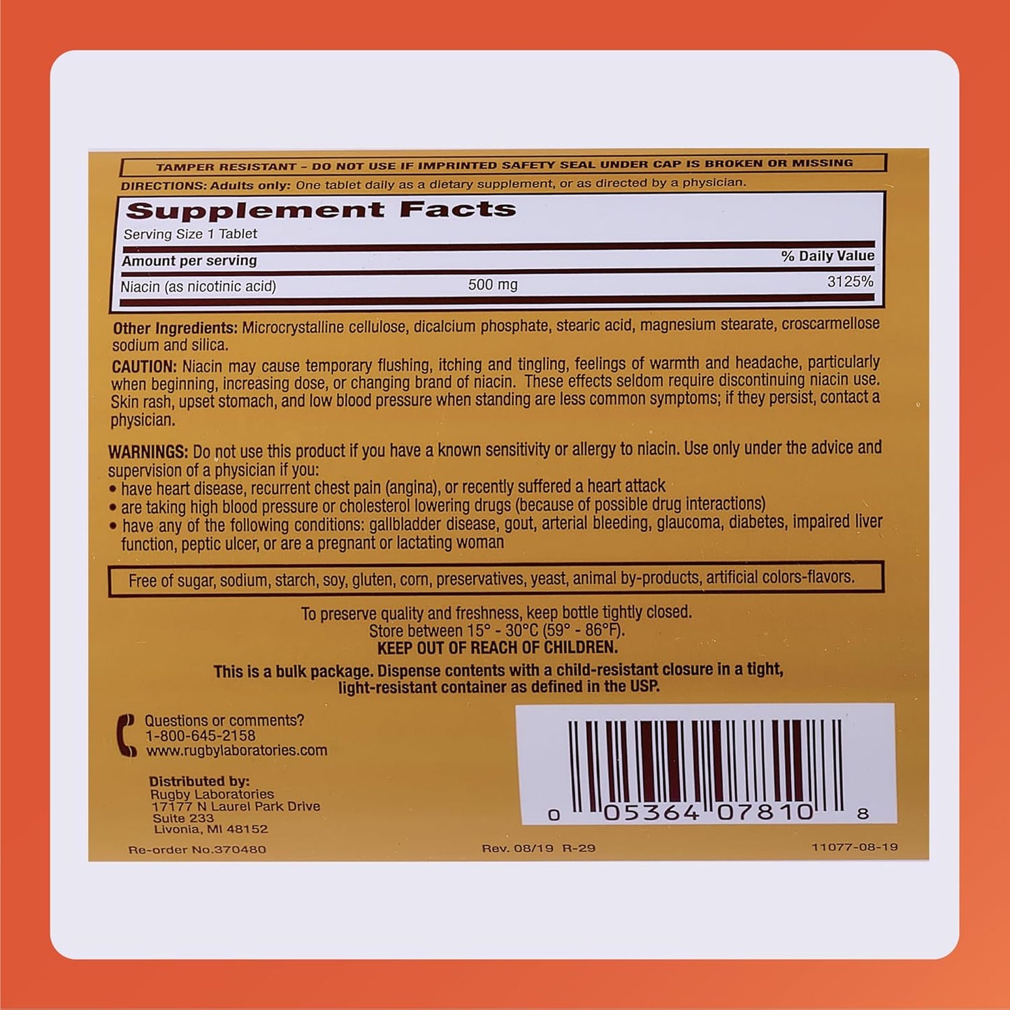 RUGBY LABORATORIES Rugby Niacin 500mg - High Strength Vitamin B3 Pills - 1,000 Tablets (2 Pack) for Men and Women