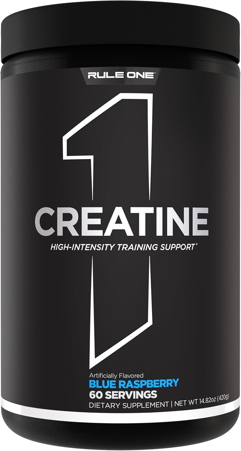 Rule 1 Creatine Powder - Pure Micronized Creatine Monohydrate for High-Intensity Exercise and Lean Body Mass Support, Blue Raspberry Flavor - 60 Servings