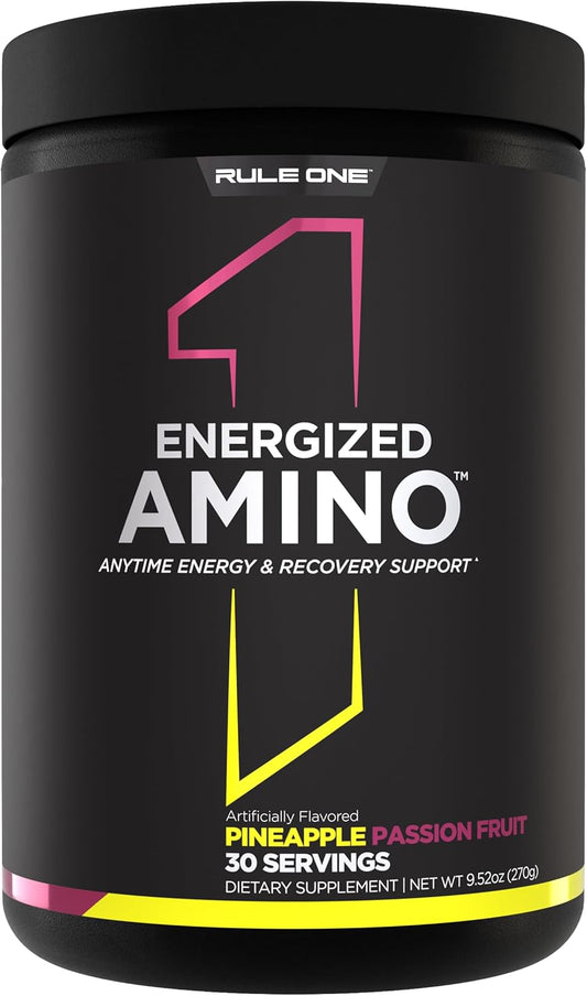 Rule 1 Energized Amino: Anytime Energy & Recovery Support Supplement with BCAAs & Caffeine (Pineapple Passionfruit, 30 Servings)