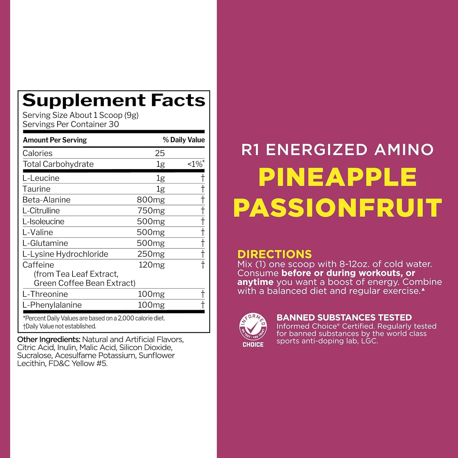 Rule 1 Energized Amino: Anytime Energy & Recovery Support Supplement with BCAAs & Caffeine (Pineapple Passionfruit, 30 Servings)