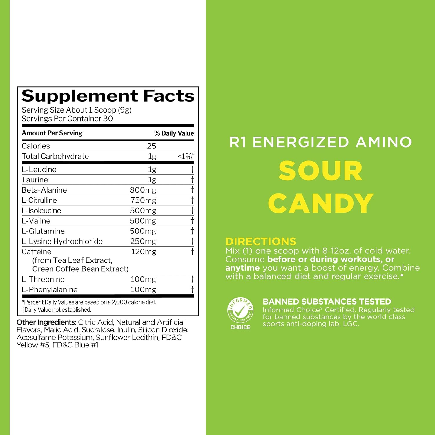 Rule 1 Energized Amino: BCAA Energy and Recovery Support (Sour Candy, 30 Servings)