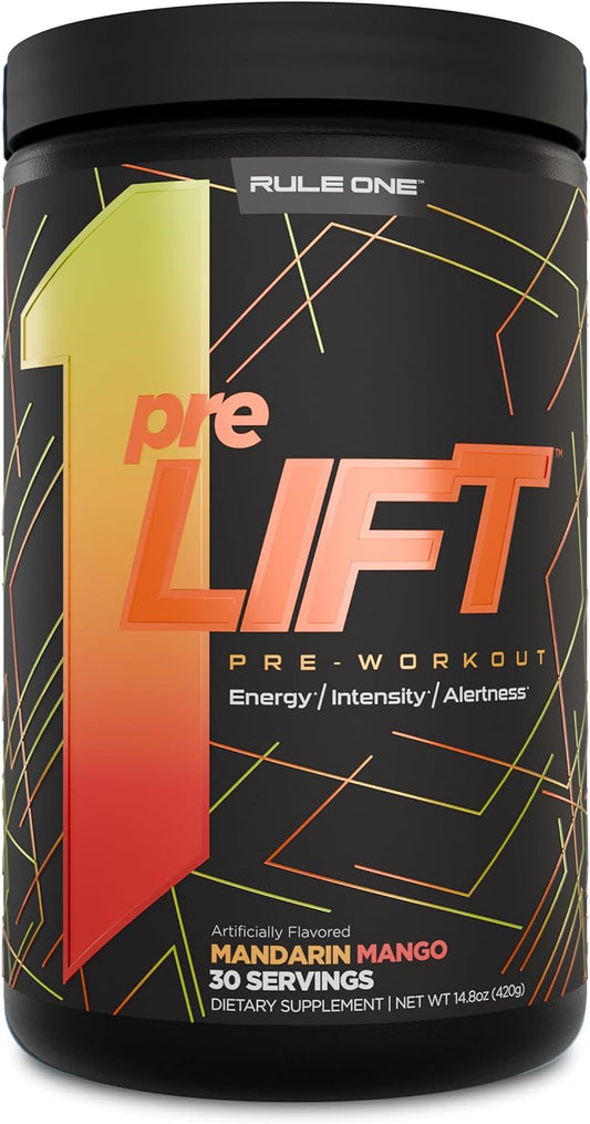 Rule 1 preLIFT Pre-Workout Supplement - Energy, Alertness, & Endurance Booster with 6g Citrulline, 3.2g Beta Alanine, 3 Caffeine Sources + 20 Others (30 Servings, Mandarin Mango)
