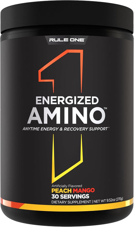 Rule 1 Proteins Energized Amino - Energy and Recovery Support with BCAAs, Glutamine, Citrulline, Beta Alanine, and Caffeine - Peach Mango Flavor - 30 Servings