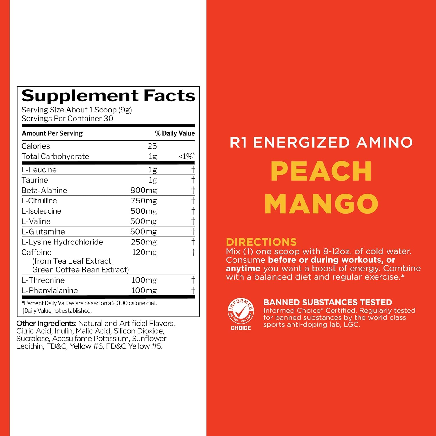 Rule 1 Proteins Energized Amino - Energy and Recovery Support with BCAAs, Glutamine, Citrulline, Beta Alanine, and Caffeine - Peach Mango Flavor - 30 Servings