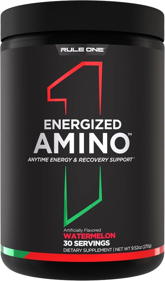 Rule 1 Proteins Energized Amino: Energy & Recovery Support with BCAAs, Glutamine, Citrulline, Beta Alanine, Caffeine - Watermelon Flavor (30 Servings)