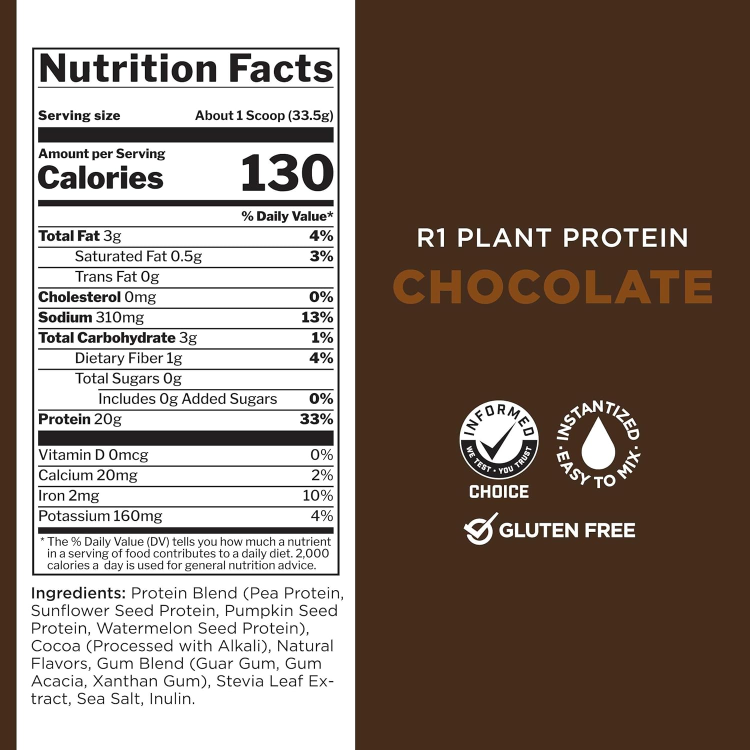 Rule 1 Proteins Plant Protein Powder - Vegan, Gluten-Free, Dairy Free, Soy Free - 20g Protein per Serving - Chocolate Flavor - 20 Servings