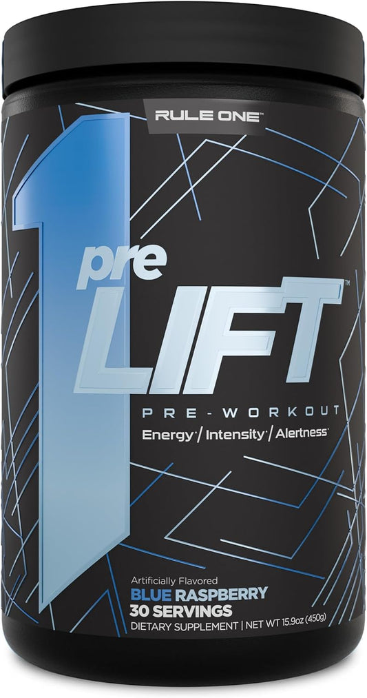 Rule 1 Proteins preLIFT Pre-Workout Supplement with Citrulline, Beta Alanine, Caffeine, and More for Energy & Endurance - Blue Raspberry Flavor (30 Servings)