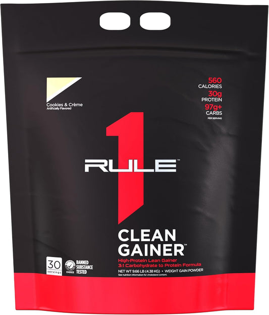 Rule 1 Proteins R1 Clean Gainer: High-Protein Lean Gain Formula - 560 Calories, 30g Protein, 90g Carbs, Low Fat - Cookies & Crème - 30 Servings