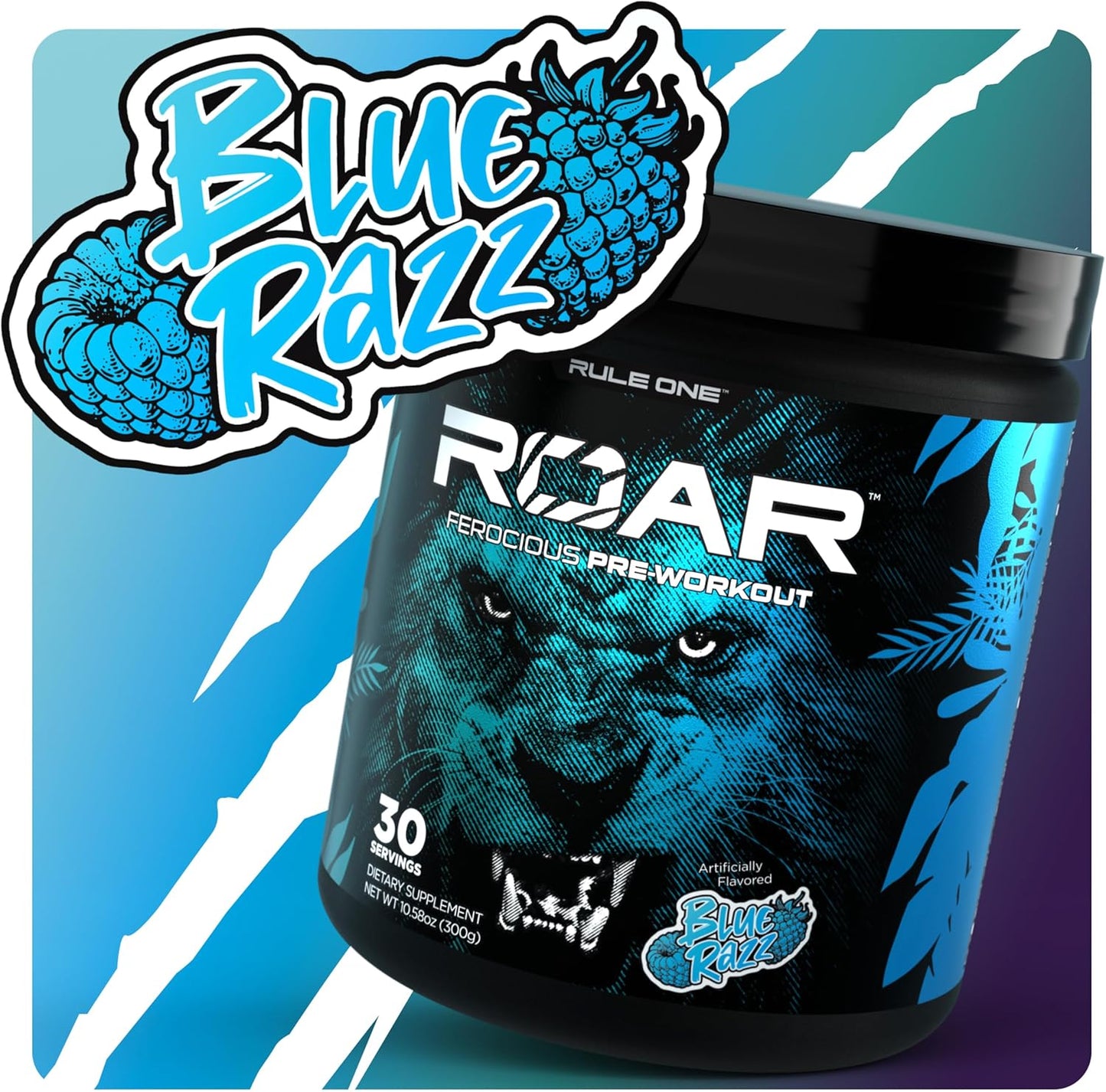 Rule 1 Proteins R1 Roar Pre-Workout Powder - 30 Servings Blue Razz Flavor with Creatine, Beta-Alanine, Citrulline, Electrolytes & Caffeine