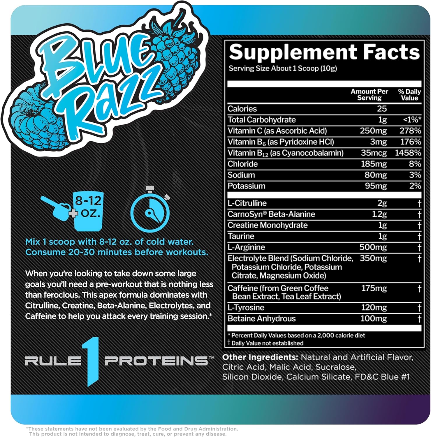 Rule 1 Proteins R1 Roar Pre-Workout Powder - 30 Servings Blue Razz Flavor with Creatine, Beta-Alanine, Citrulline, Electrolytes & Caffeine