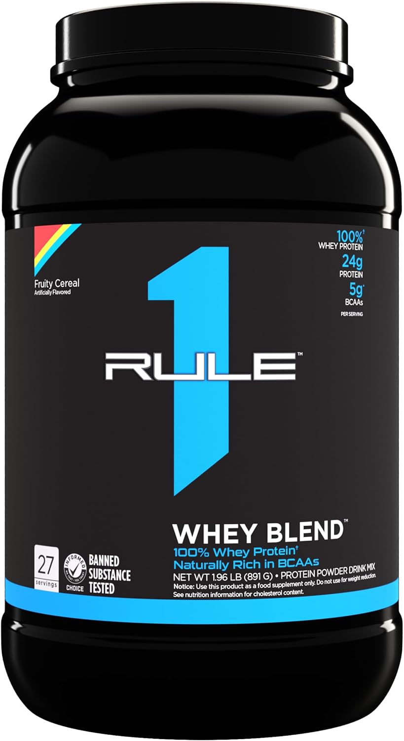 Rule 1 Proteins R1 Whey Blend - Fruity Cereal Flavor, 24g Fast-Acting Whey Protein, EAAs and BCAAs, 2 lbs.
