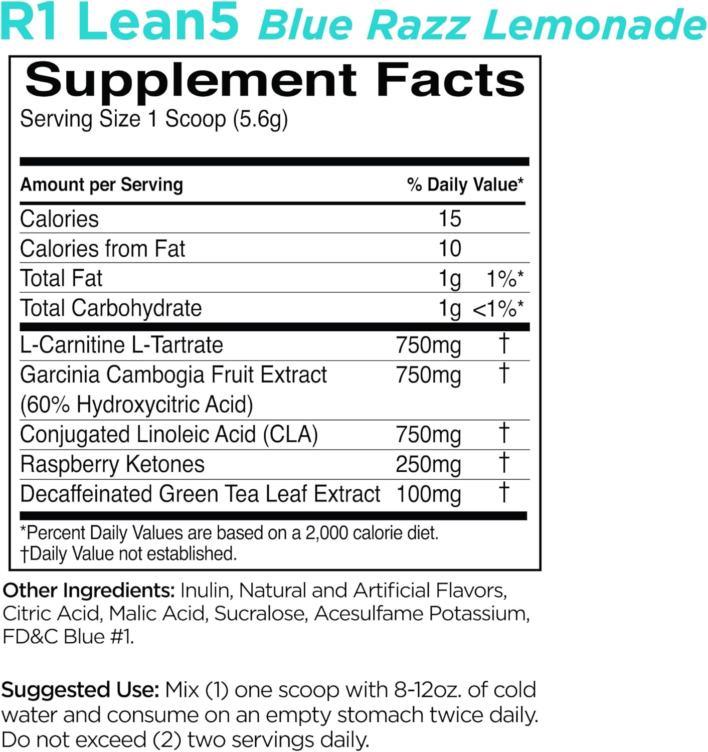 Rule 1 R1 Lean5 Blue Razz Lemonade 11.9 oz - Stimulant-Free Formula with CLA, Garcinia Cambogia Extract & Carnitine