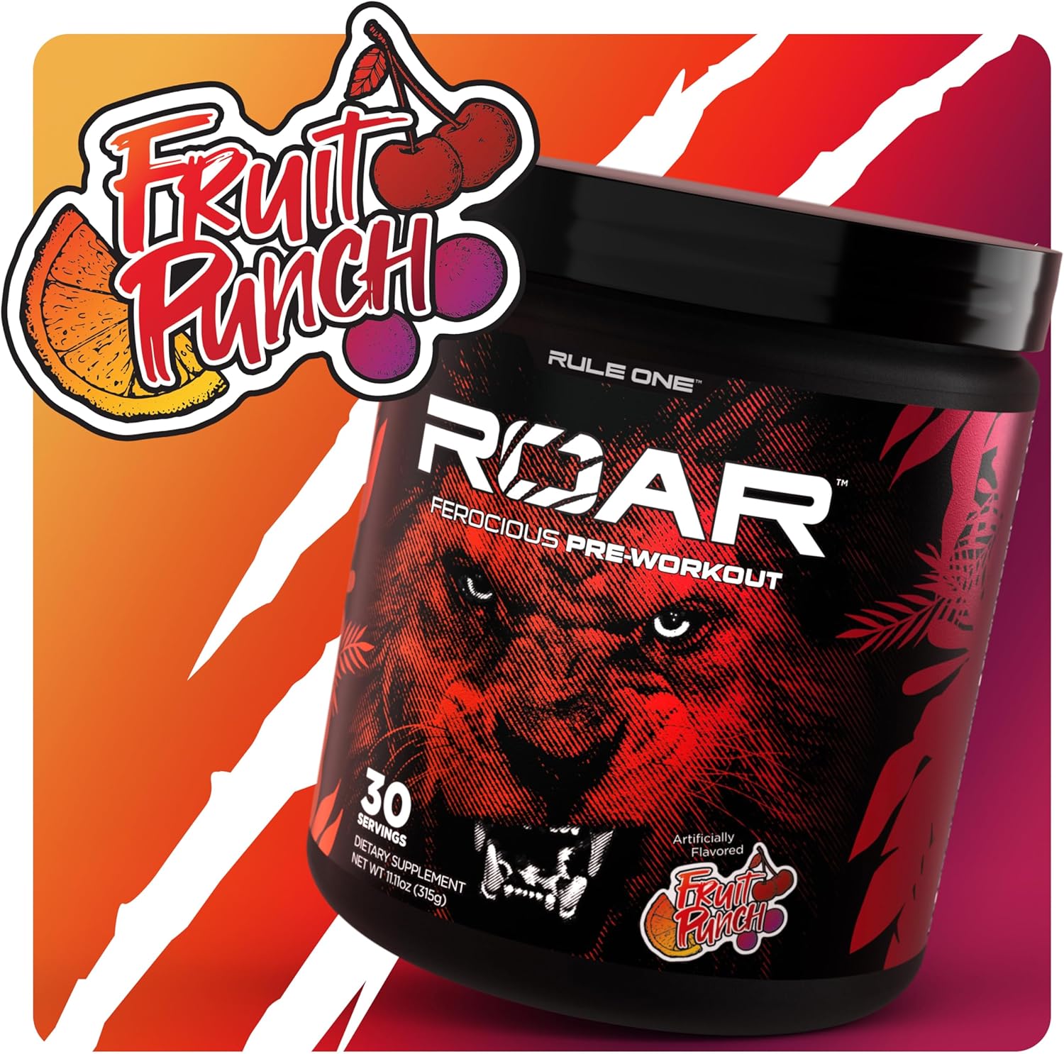 Rule 1 R1 Roar Pre-Workout Powder - Creatine, Beta-Alanine, Citrulline, Electrolytes & Caffeine, Fruit Punch (30 Servings)