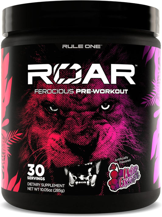 Rule 1 R1 Roar Pre-Workout Powder - Wild Grape Flavor with Creatine, Beta-Alanine, Citrulline, Electrolytes, and Caffeine - 30 Servings