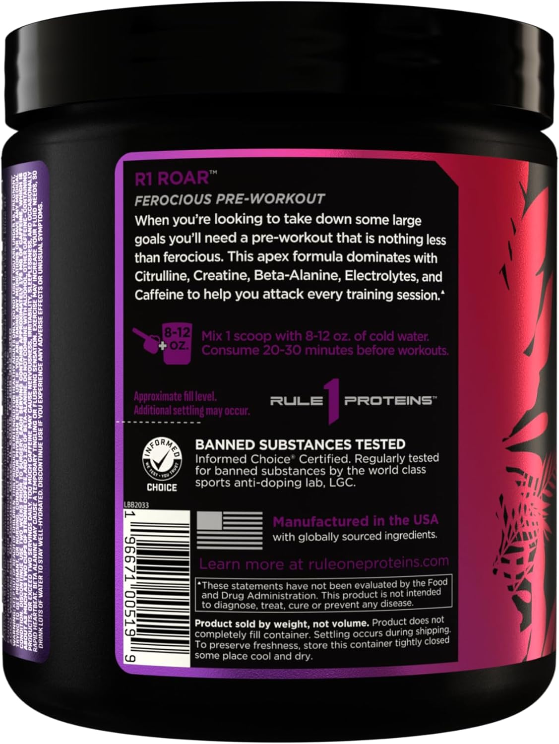 Rule 1 R1 Roar Pre-Workout Powder - Wild Grape Flavor with Creatine, Beta-Alanine, Citrulline, Electrolytes, and Caffeine - 30 Servings
