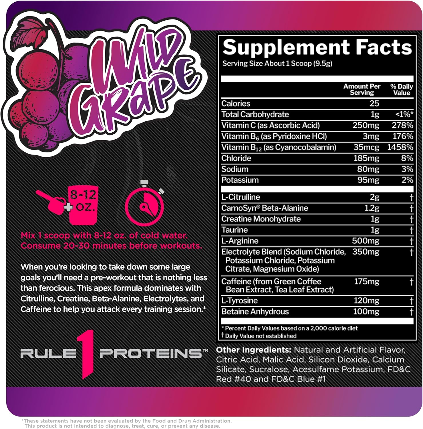 Rule 1 R1 Roar Pre-Workout Powder - Wild Grape Flavor with Creatine, Beta-Alanine, Citrulline, Electrolytes, and Caffeine - 30 Servings