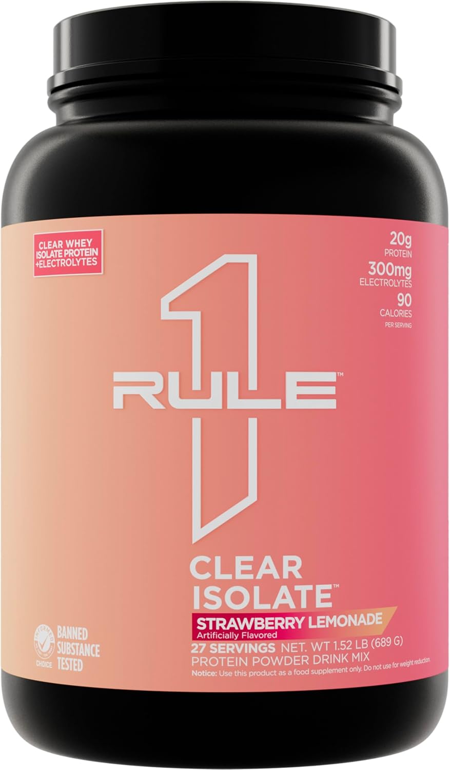 Rule One Proteins Clear Isolate - Strawberry Lemonade Flavor with 20g All-whey Isolate Protein, 9g EAAs, Electrolyte Minerals, 90 Calories per Serving