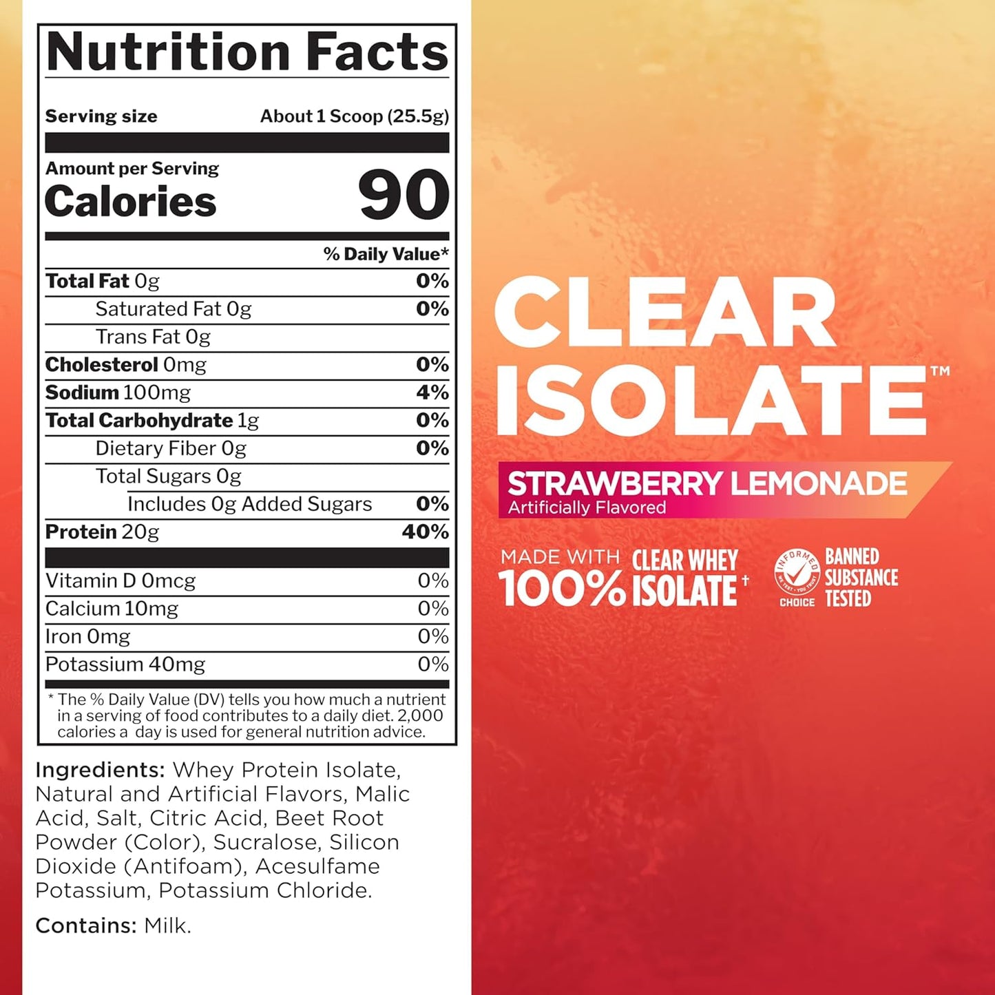 Rule One Proteins Clear Isolate - Strawberry Lemonade Flavor with 20g All-whey Isolate Protein, 9g EAAs, Electrolyte Minerals, 90 Calories per Serving