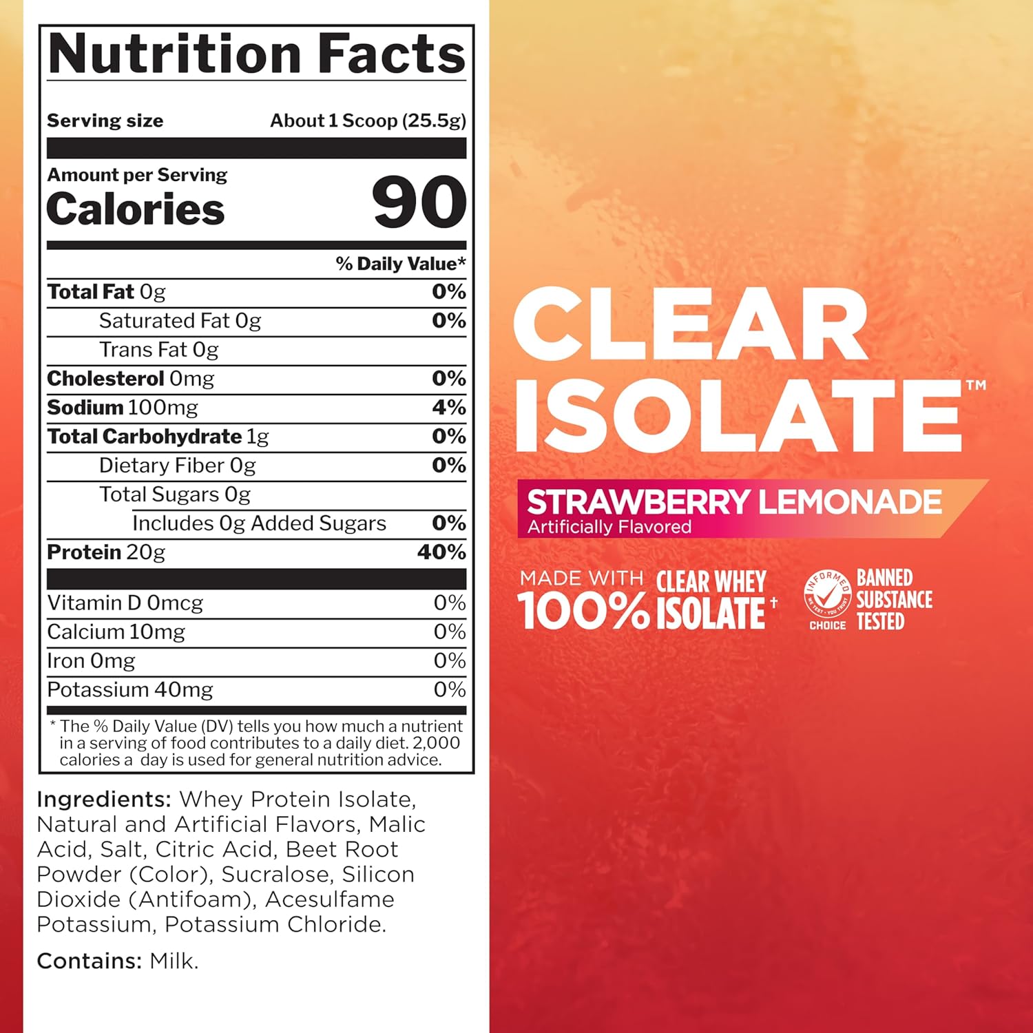 Rule One Proteins Clear Isolate - Strawberry Lemonade Flavor with 20g All-whey Isolate Protein, 9g EAAs, Electrolyte Minerals, 90 Calories per Serving
