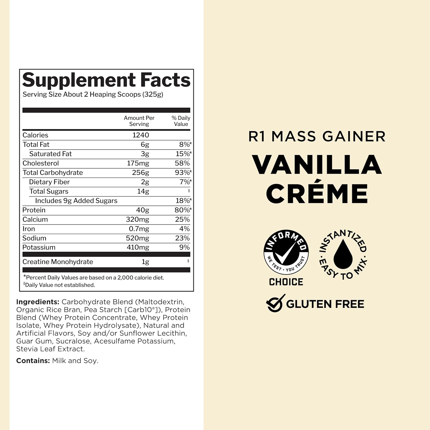 Rule One Proteins Mass Gainer - Vanilla Crème, High-Calorie Weight Gain Formula with 1220+ Calories