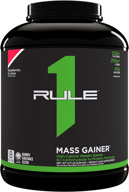 Rule One Proteins Mass Gainer Strawberries & Crème - High-Calorie Weight Gain Formula with 1,220+ Calories, 250g+ Complex Carb Blend, 40g All-Whey Protein, 8g Fat Per Serving - 6 Pounds, 8 Servings