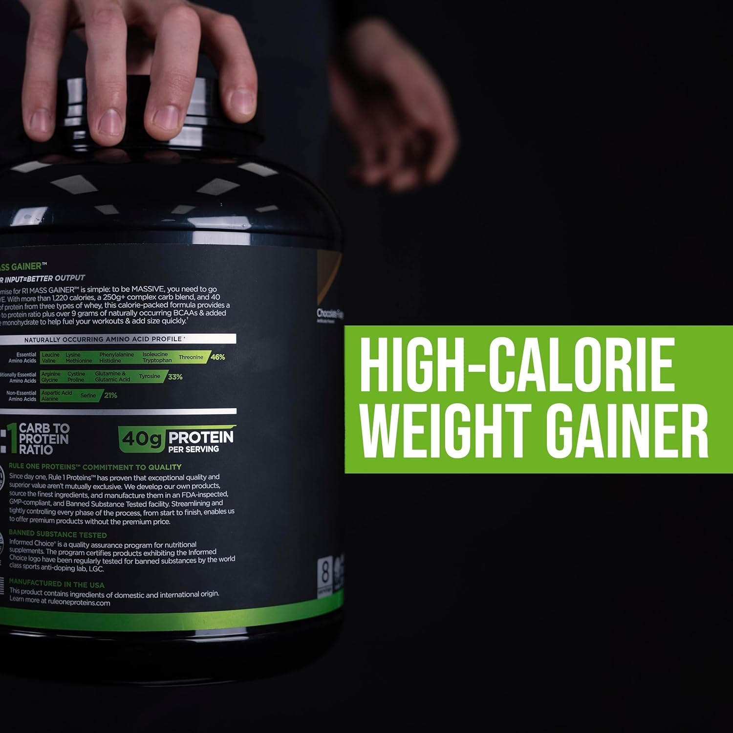 Rule One Proteins Mass Gainer Strawberries & Crème - High-Calorie Weight Gain Formula with 1,220+ Calories, 250g+ Complex Carb Blend, 40g All-Whey Protein, 8g Fat Per Serving - 6 Pounds, 8 Servings