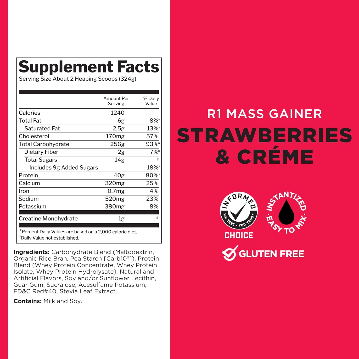 Rule One Proteins Mass Gainer Strawberries & Crème - High-Calorie Weight Gain Formula with 1,220+ Calories, 250g+ Complex Carb Blend, 40g All-Whey Protein, 8g Fat Per Serving - 6 Pounds, 8 Servings