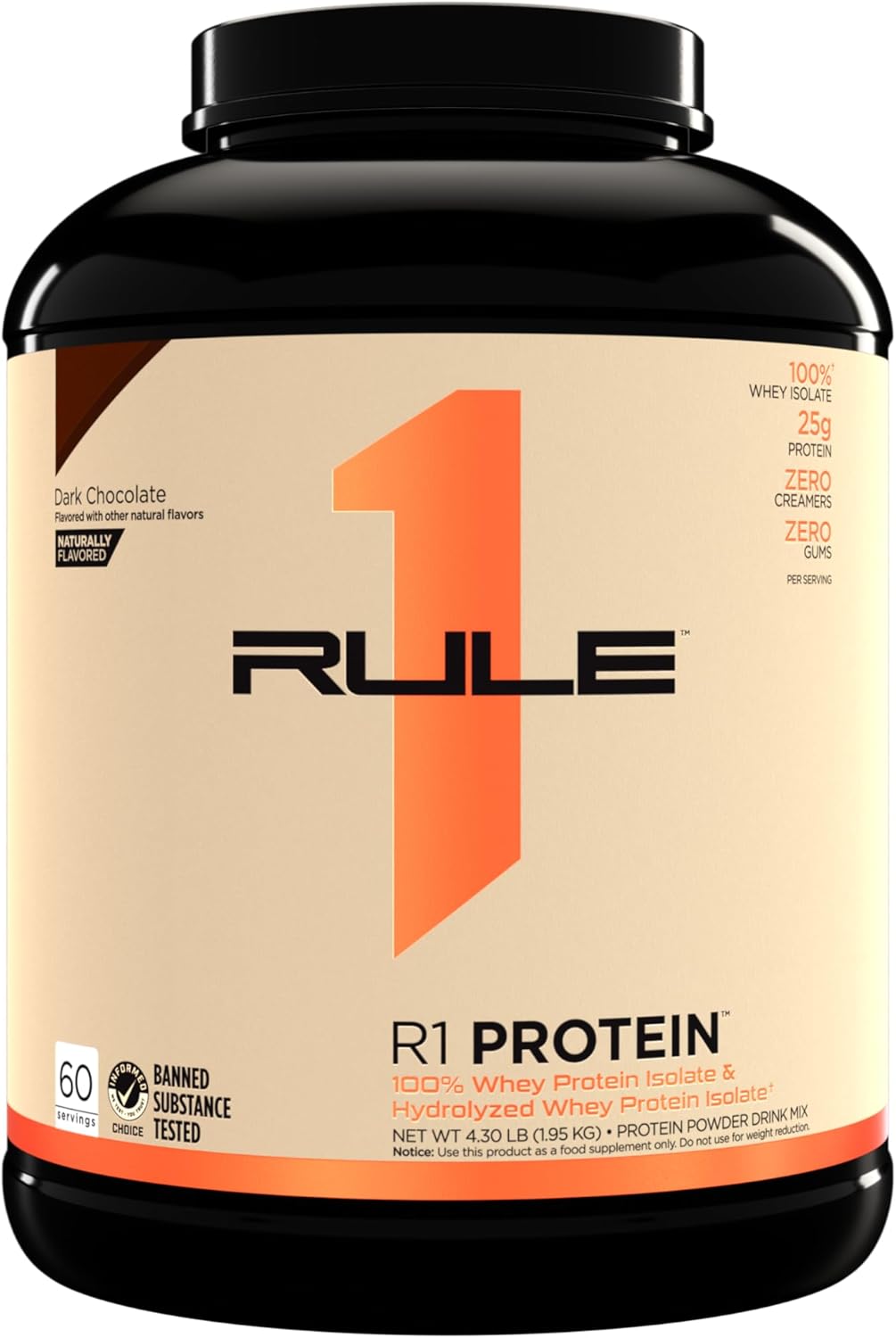 Rule One Proteins R1 Protein - Natural Dark Chocolate Flavored Whey Isolate Powder with 25g Protein & 6g BCAAs, 4.3 lb