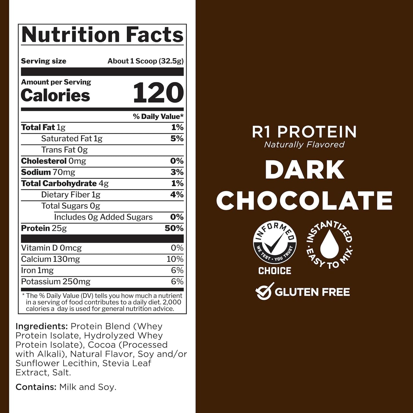 Rule One Proteins R1 Protein - Natural Dark Chocolate Flavored Whey Isolate Powder with 25g Protein & 6g BCAAs, 4.3 lb
