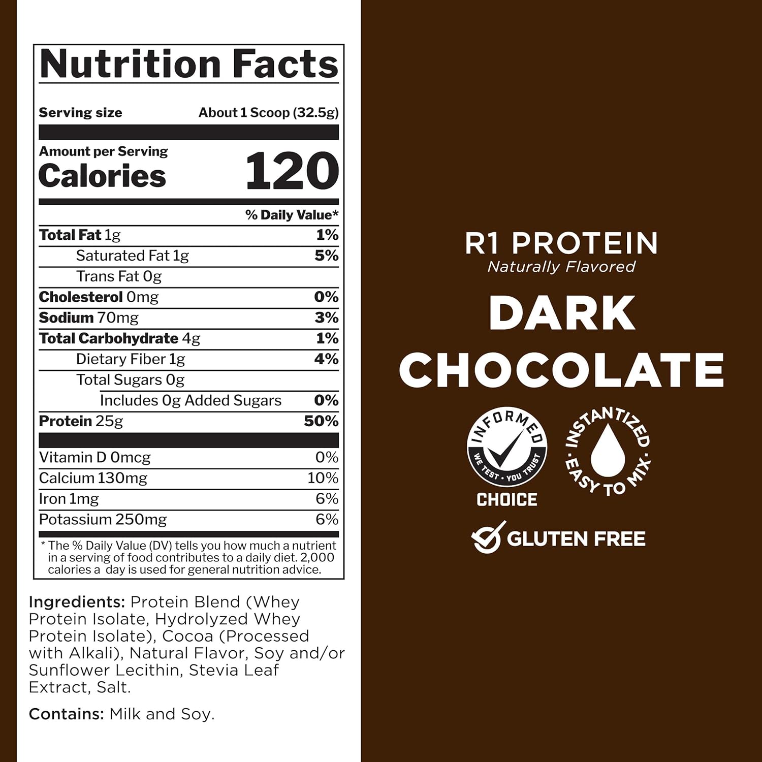 Rule One Proteins R1 Protein - Natural Dark Chocolate Flavored Whey Isolate Powder with 25g Protein & 6g BCAAs, 4.3 lb