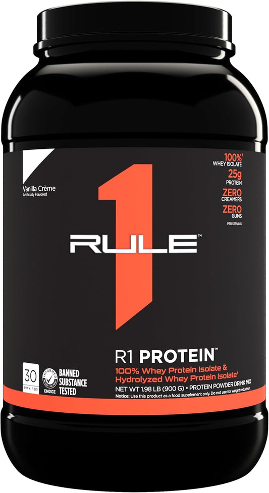 Rule One Proteins R1 Protein Powder - 25g Fast-Acting Isolate and Hydrolysate Protein with 6g BCAAs, 100% Pure (Vanilla Créme, 2lb)