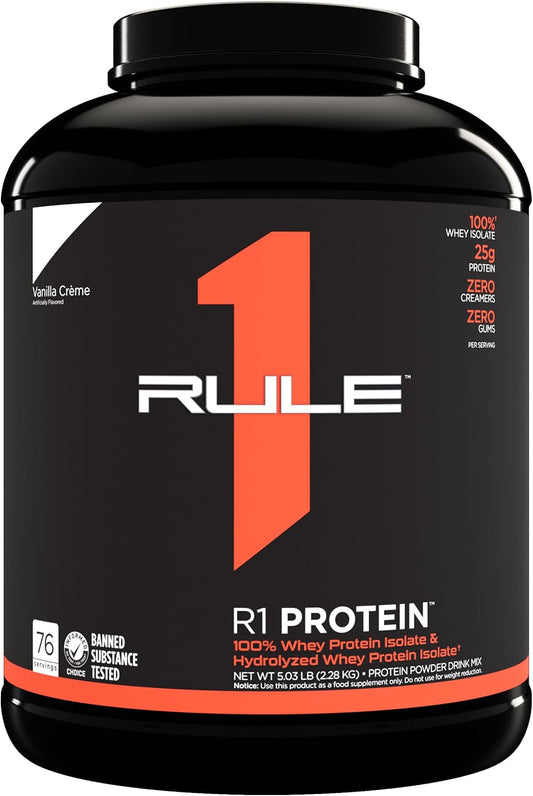 Rule One Proteins R1 Protein Powder - 25g Fast-Acting Isolate & Hydrolysate with 6g BCAAs (Vanilla Créme, 5 lb)