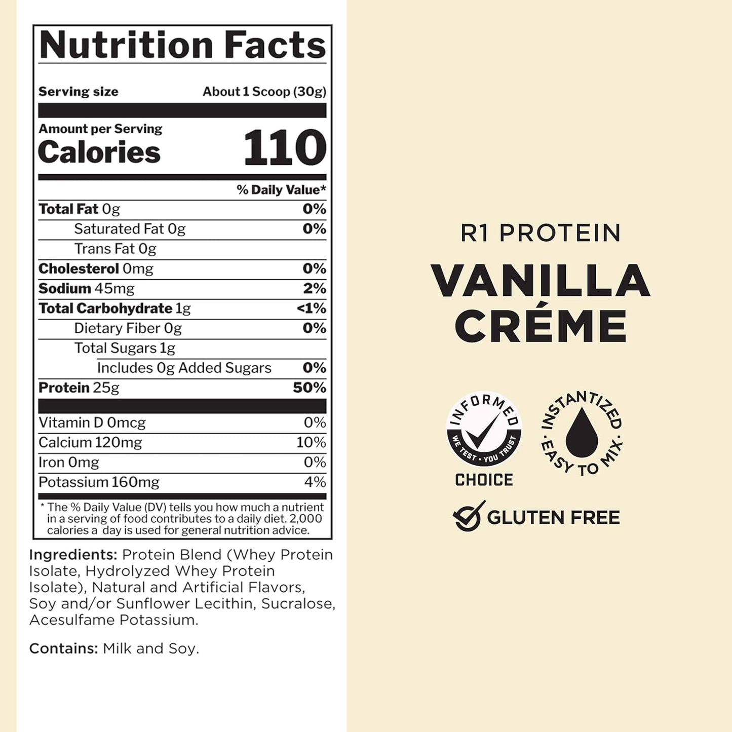 Rule One Proteins R1 Protein Powder - 25g Fast-Acting Isolate and Hydrolysate Protein with 6g BCAAs, 100% Pure (Vanilla Créme, 2lb)