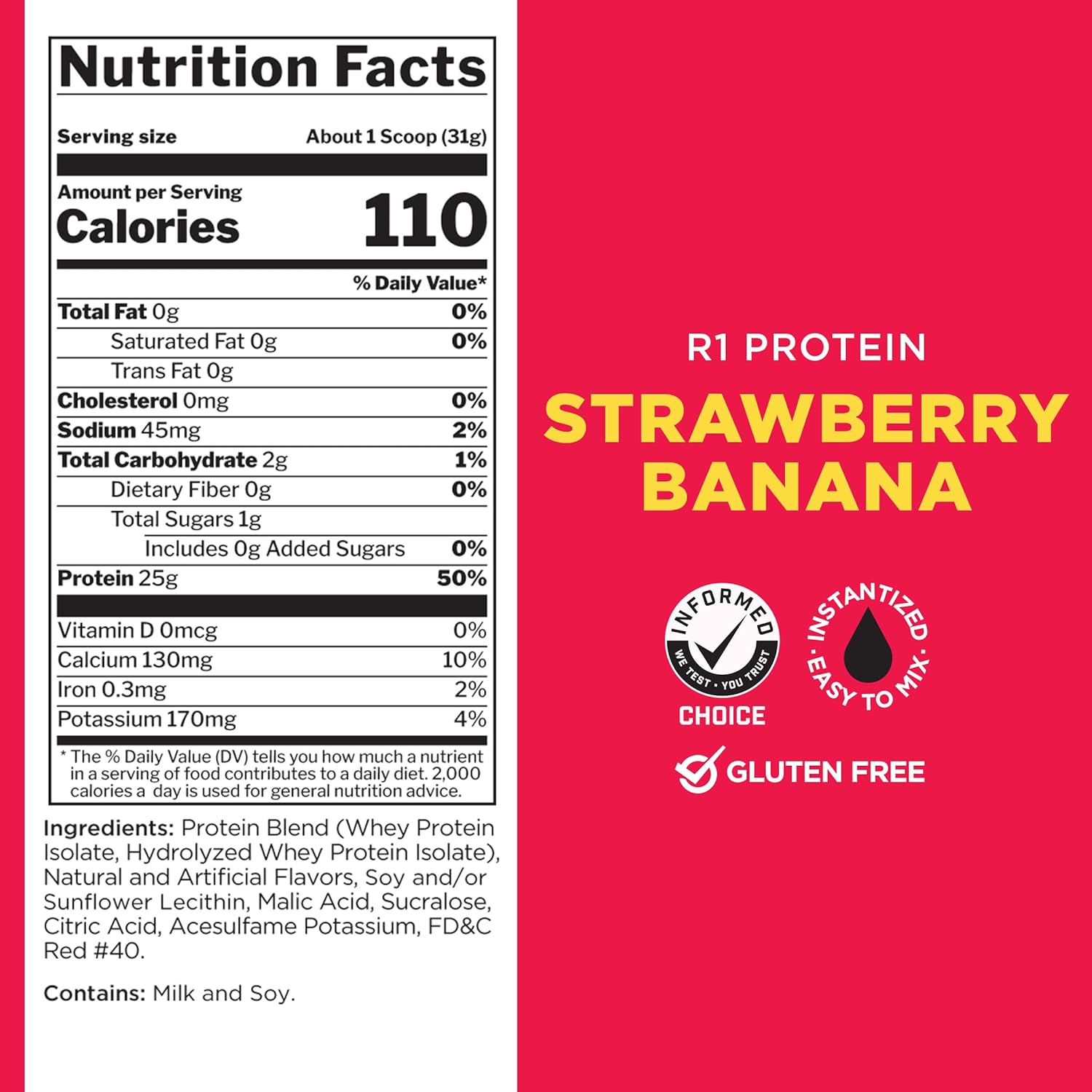 Rule One Proteins R1 Protein Powder - 25g Isolate & Hydrolysate Protein with 6g BCAAs, Fast-Acting Formula (2lb, Strawberry Banana)