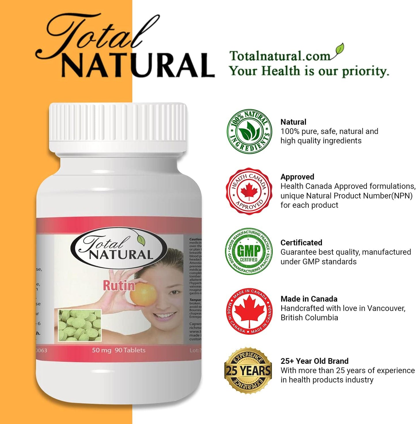 Rutin 50mg Tablets for Improved Vascular Health and Vision Care, 90 Count, Natural Supplement to Support Vitamin C Absorption