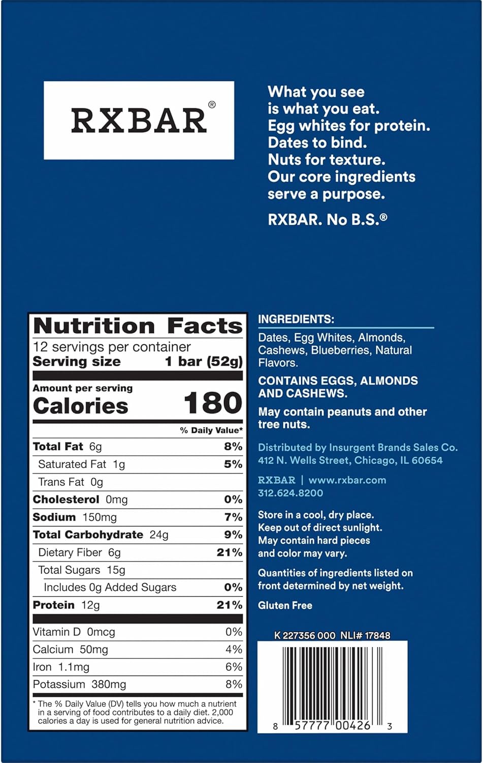 RXBAR Blueberry Protein Snack Bars - 22oz Box (12 Bars)