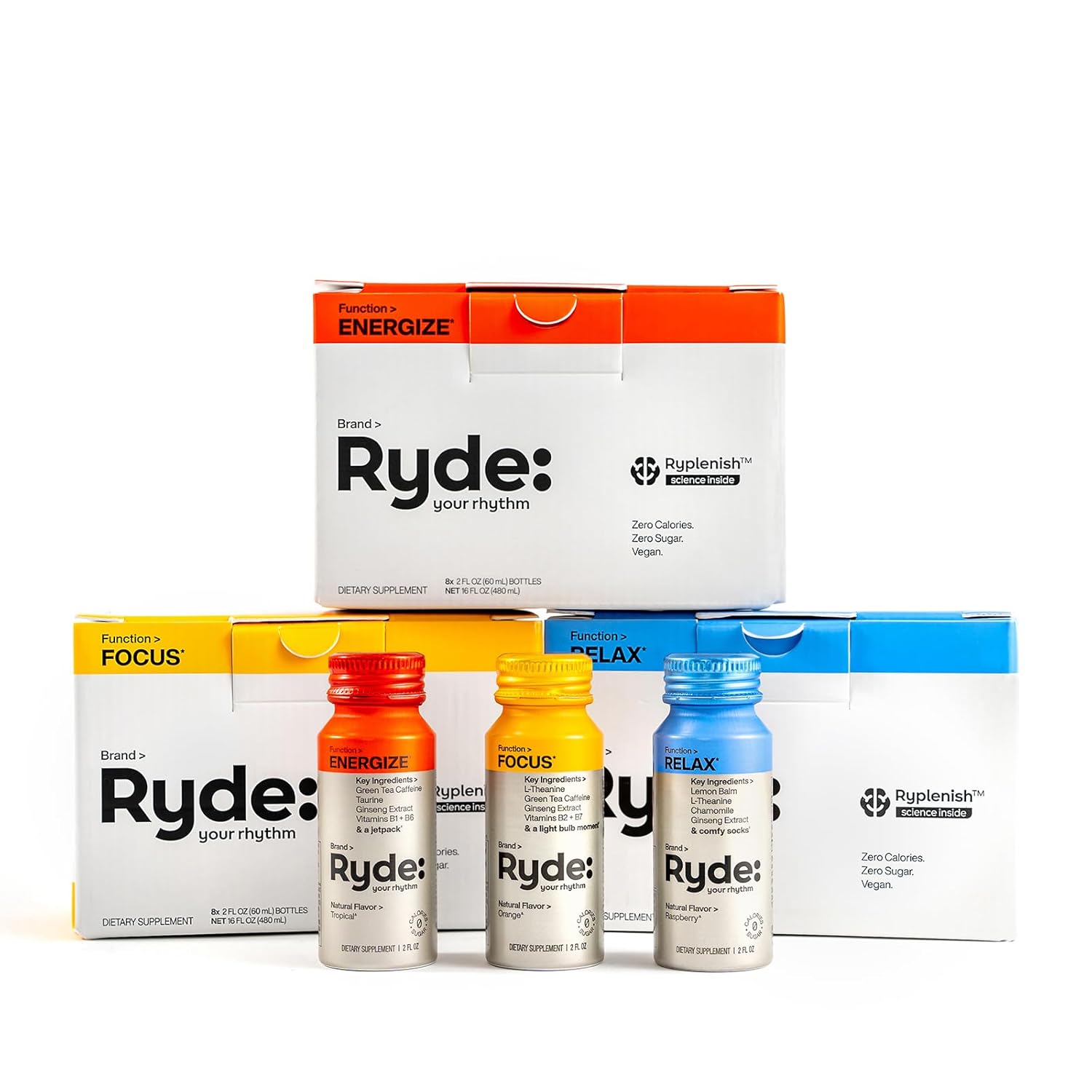 Ryde Discovery Pack - Energize, Focus, Relax Shots with Green Tea Caffeine, Taurine, Ginseng, B Vitamins, L-Theanine, Lemon Balm, Chamomile - 0 Calories, 0 Sugar - Variety Pack (24 Pack)