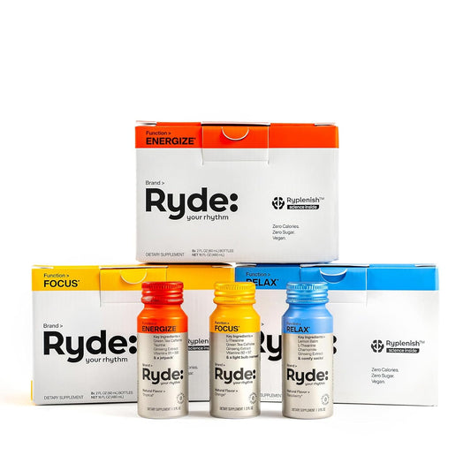 Ryde Discovery Pack - Energize, Focus, Relax Shots with Green Tea Caffeine, Taurine, Ginseng, B Vitamins, L-Theanine, Lemon Balm, Chamomile - 0 Calories, 0 Sugar - Variety Pack (24 Pack)