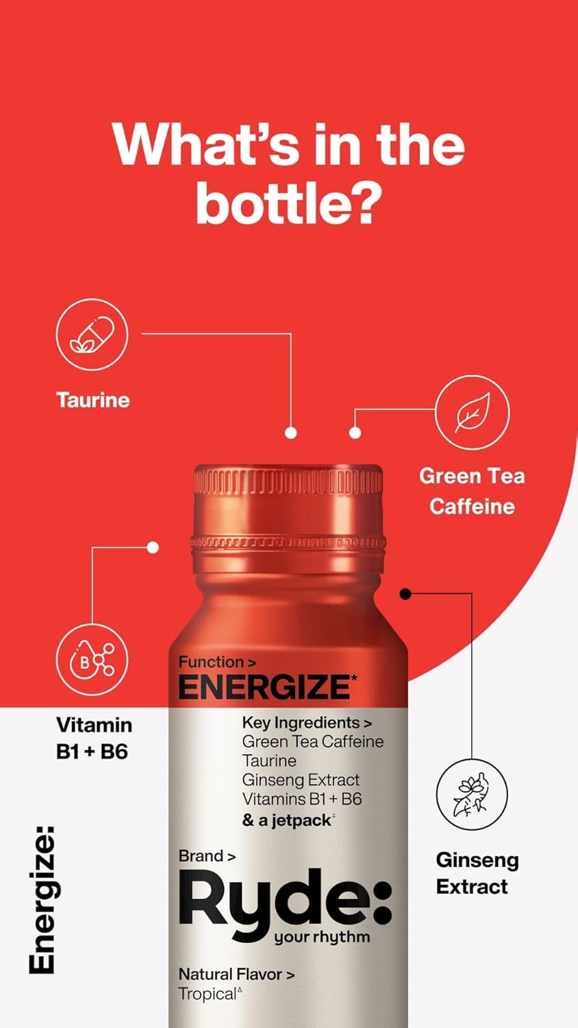 Ryde Discovery Pack - Energize, Focus, Relax Shots with Green Tea Caffeine, Taurine, Ginseng, B Vitamins, L-Theanine, Lemon Balm, Chamomile - 0 Calories, 0 Sugar - Variety Pack (24 Pack)