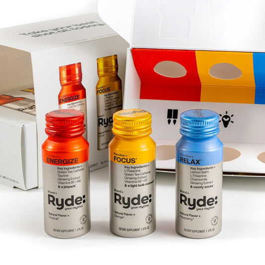 Ryde: Energize, Focus, Relax Shots Variety Pack - Green Tea Caffeine, Taurine, Ginseng, B Vitamins, L-Theanine, Lemon Balm, Chamomile - 0 Cal, 0 Sugar - 6 Pack