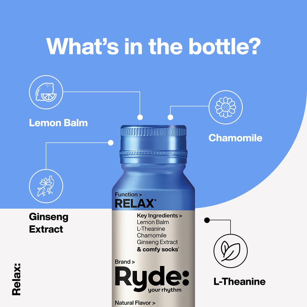 Ryde: Energize, Focus, Relax Shots Variety Pack - Green Tea Caffeine, Taurine, Ginseng, B Vitamins, L-Theanine, Lemon Balm, Chamomile - 0 Cal, 0 Sugar - 6 Pack