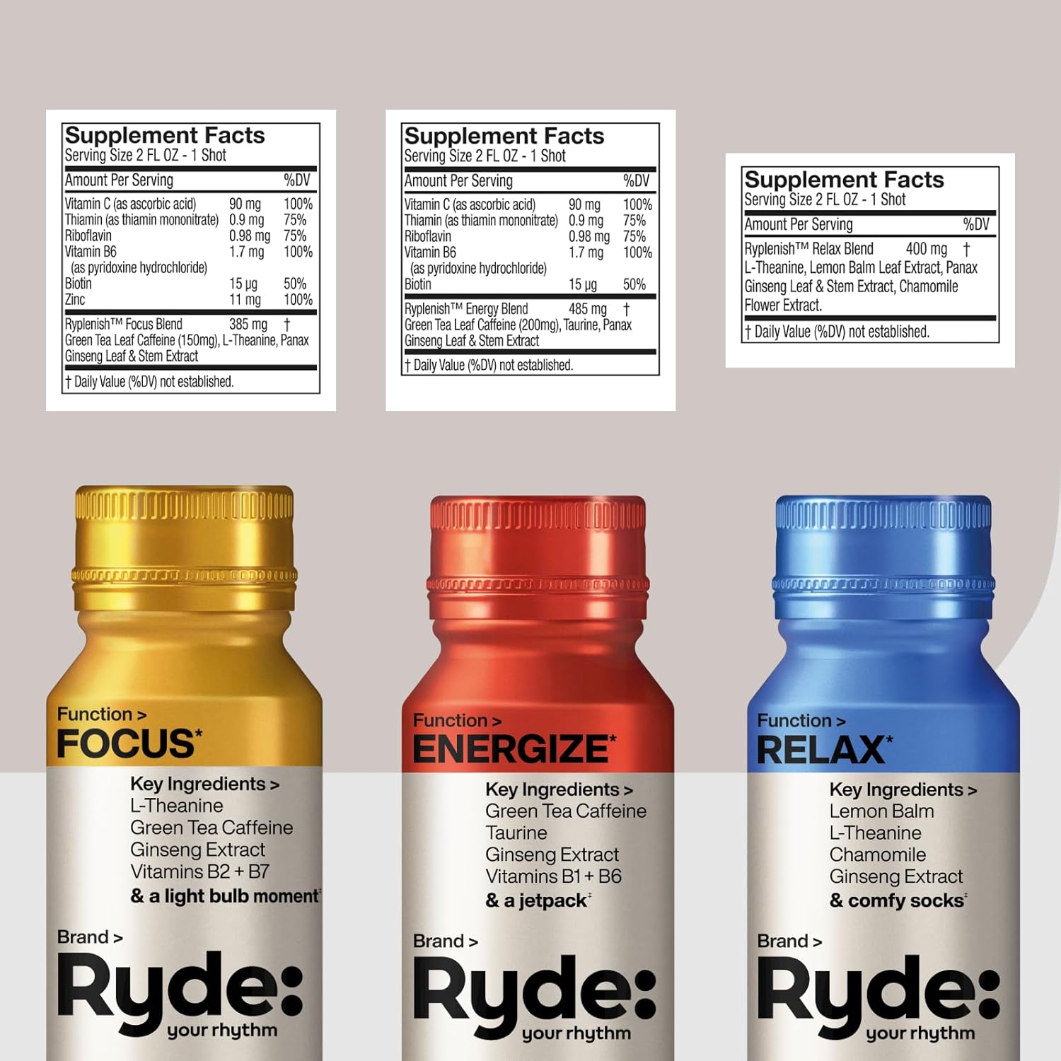 Ryde: Energize, Focus, Relax Shots Variety Pack - Green Tea Caffeine, Taurine, Ginseng, B Vitamins, L-Theanine, Lemon Balm, Chamomile - 0 Cal, 0 Sugar - 6 Pack