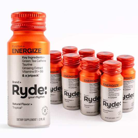 Ryde Energize Shot - Tropical Flavor with Green Tea Caffeine, Taurine, Ginseng & B Vitamins - 0 Calorie, 0 Sugar Energy Boost (8 Pack)