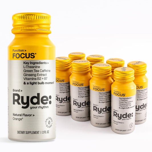 Ryde Focus Shot Orange Flavor with L-Theanine, Ginseng, Green Tea Caffeine, Vitamins B2 & B7, 0 Calories, 0 Sugar, 2 FL OZ Shots - Supports Focus (8 Pack)