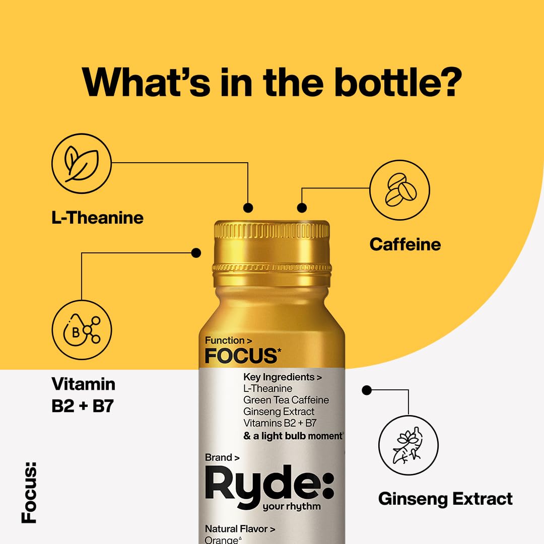 Ryde Focus Shot Orange Flavor with L-Theanine, Ginseng, Green Tea Caffeine, Vitamins B2 & B7, 0 Calories, 0 Sugar, 2 FL OZ Shots - Supports Focus (8 Pack)